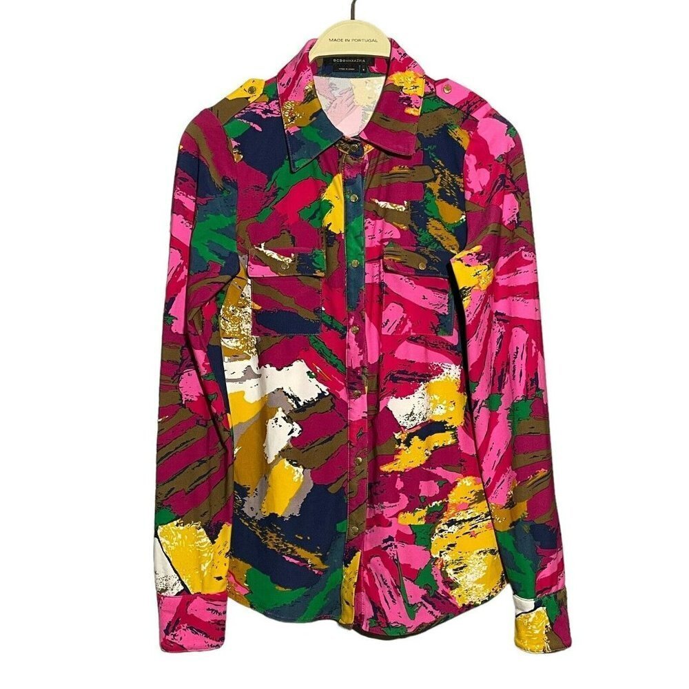 Bcbgmaxazria Button Blouse Women Size S Pink Colorful Retro Abstract Art Pocket